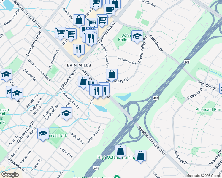 map of restaurants, bars, coffee shops, grocery stores, and more near 2694 Ambercroft Trail in Mississauga
