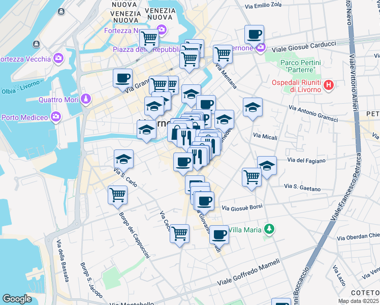map of restaurants, bars, coffee shops, grocery stores, and more near 74 Via Magenta in Livorno