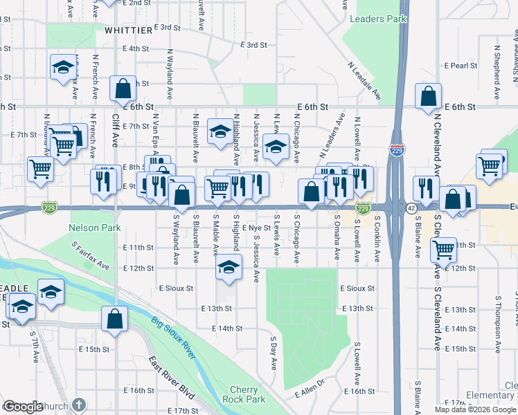 map of restaurants, bars, coffee shops, grocery stores, and more near 1911 East 10th Street in Sioux Falls