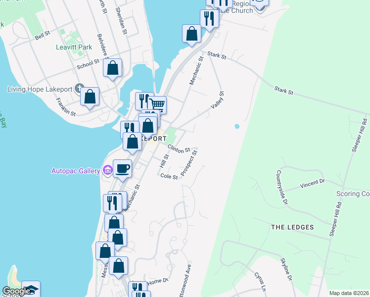map of restaurants, bars, coffee shops, grocery stores, and more near 87 Clinton Street in Laconia