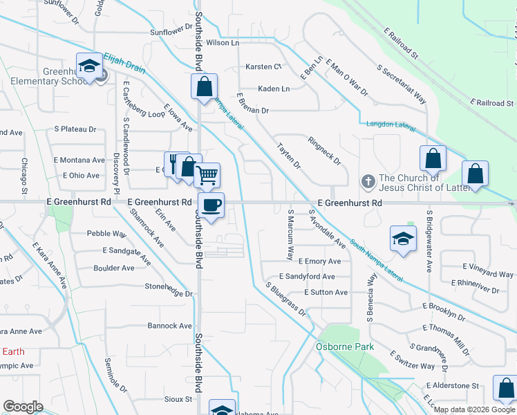 map of restaurants, bars, coffee shops, grocery stores, and more near 3325 East Greenhurst Road in Nampa