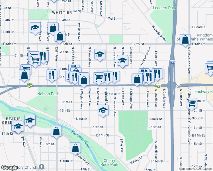 map of restaurants, bars, coffee shops, grocery stores, and more near 1800 East 10th Street in Sioux Falls