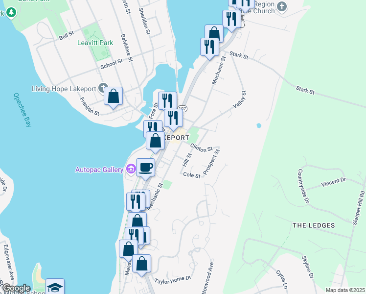 map of restaurants, bars, coffee shops, grocery stores, and more near 145 Mechanic Street in Laconia