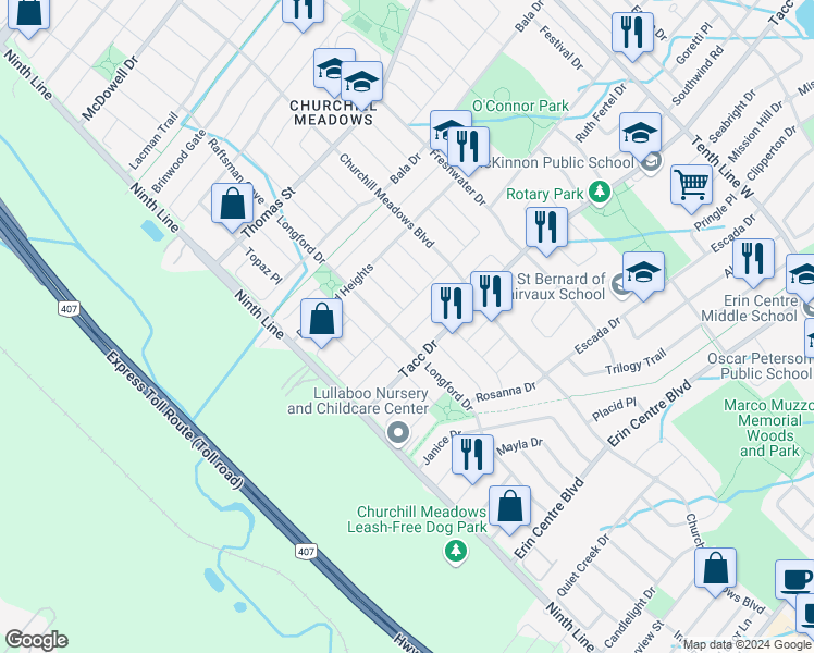 map of restaurants, bars, coffee shops, grocery stores, and more near 3926 Oland Drive in Mississauga