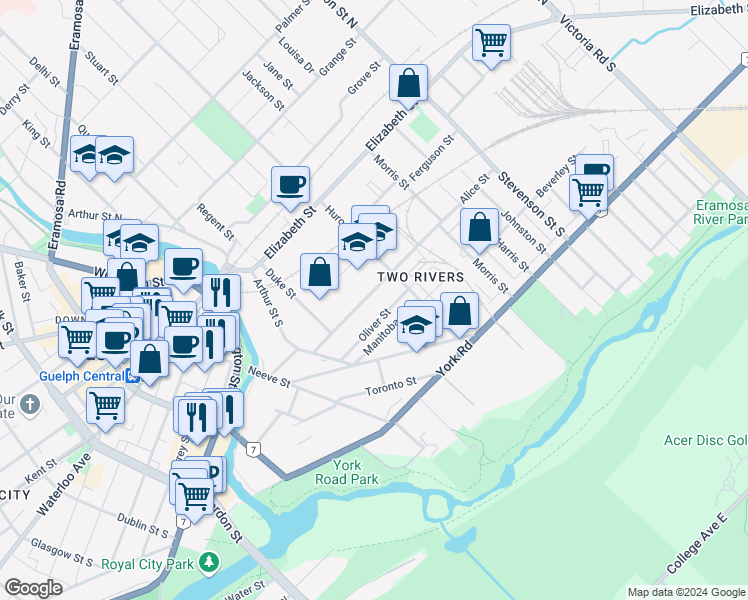 map of restaurants, bars, coffee shops, grocery stores, and more near in Guelph
