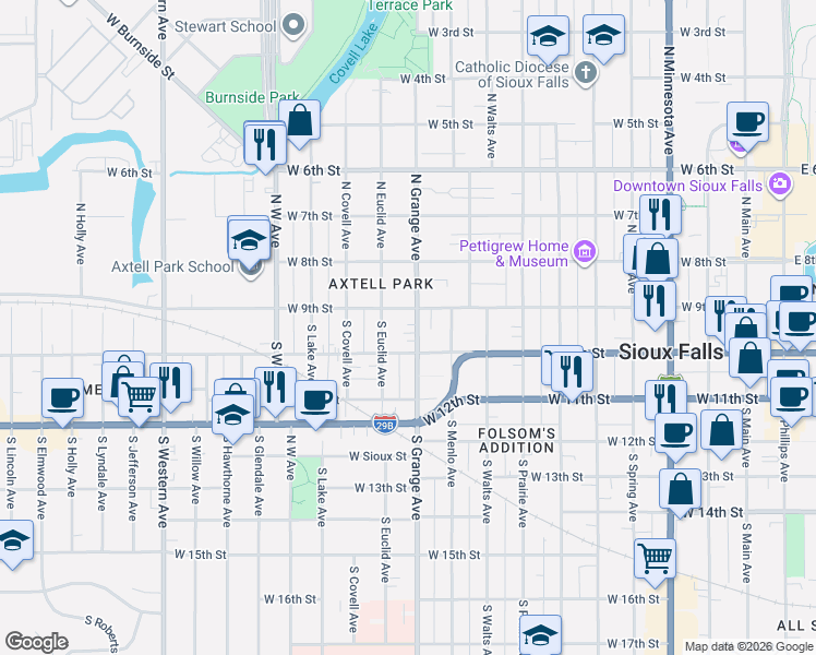map of restaurants, bars, coffee shops, grocery stores, and more near 122 South Grange Avenue in Sioux Falls