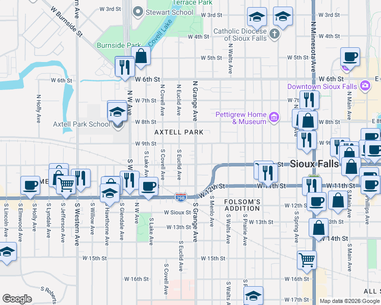 map of restaurants, bars, coffee shops, grocery stores, and more near 122 South Grange Avenue in Sioux Falls