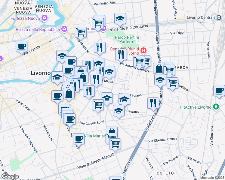 map of restaurants, bars, coffee shops, grocery stores, and more near 31 Via del Fagiano in Livorno