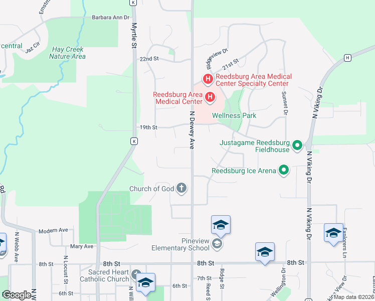 map of restaurants, bars, coffee shops, grocery stores, and more near 1553 North Dewey Avenue in Reedsburg