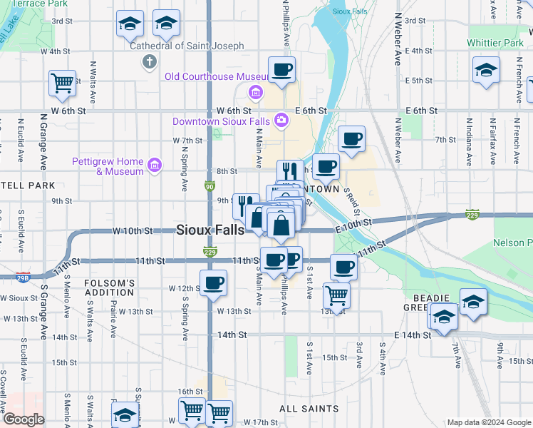 map of restaurants, bars, coffee shops, grocery stores, and more near in Sioux Falls