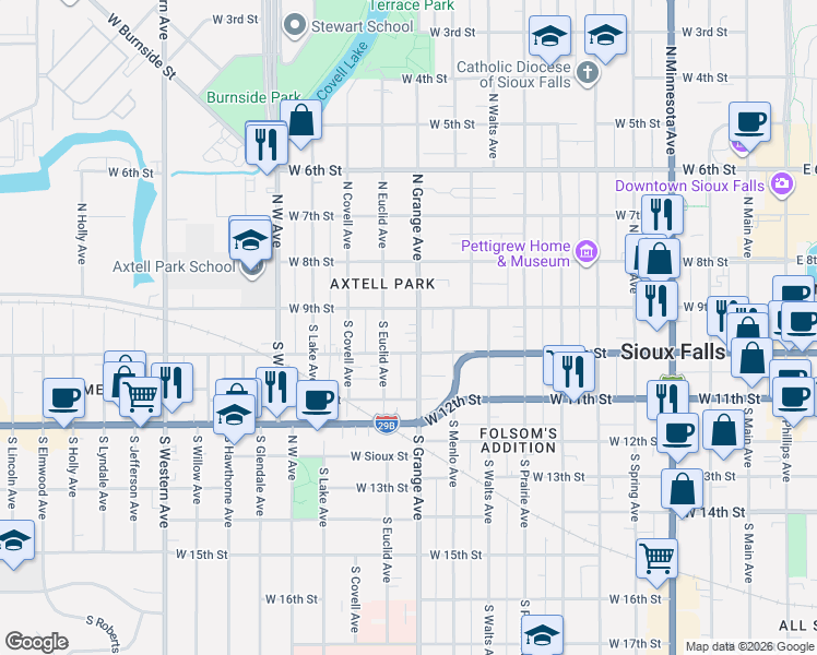 map of restaurants, bars, coffee shops, grocery stores, and more near 122 South Grange Avenue in Sioux Falls