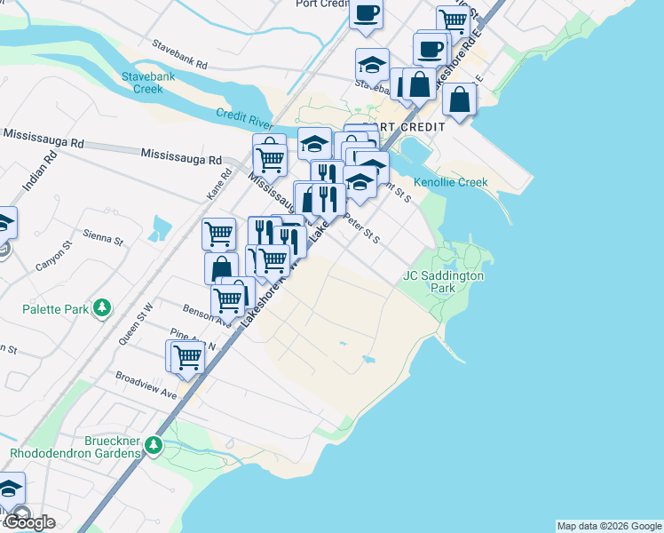 map of restaurants, bars, coffee shops, grocery stores, and more near 220 Missinnihe Way in Mississauga