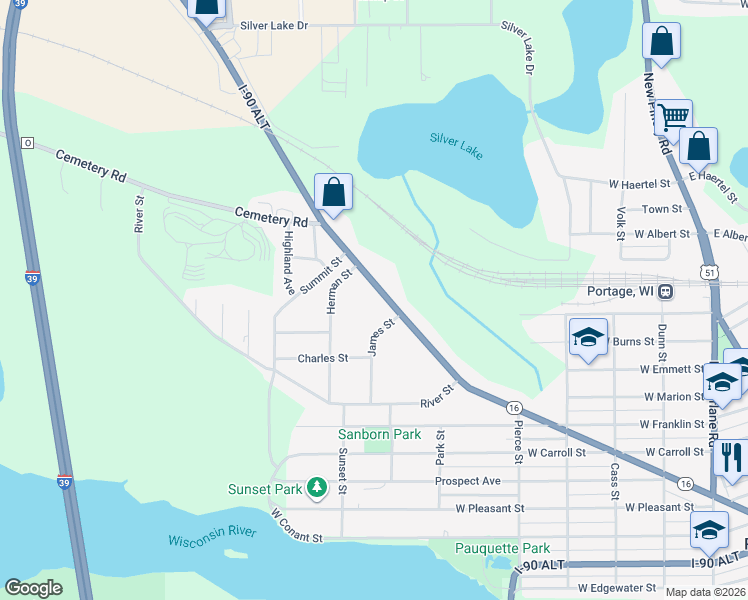 map of restaurants, bars, coffee shops, grocery stores, and more near 1116 West Wisconsin Street in Portage