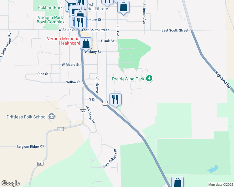 map of restaurants, bars, coffee shops, grocery stores, and more near 25 Washington Heights in Viroqua