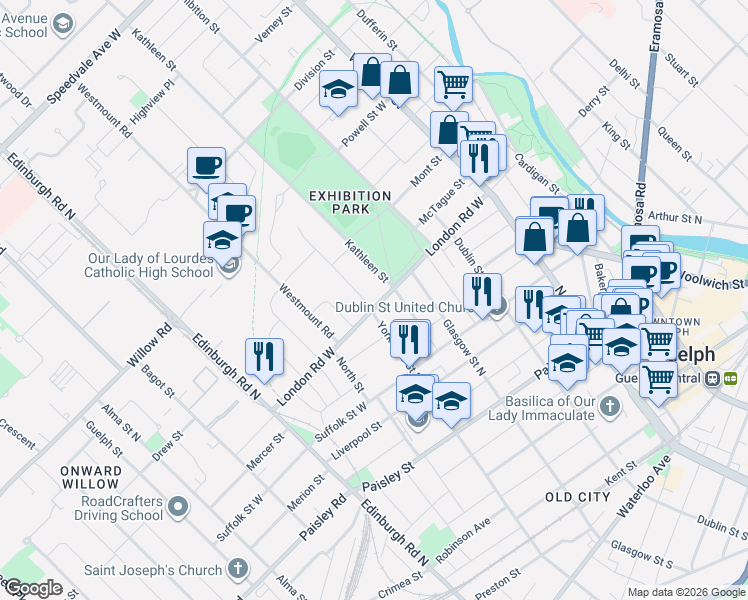 map of restaurants, bars, coffee shops, grocery stores, and more near 8 Lyon Avenue in Guelph