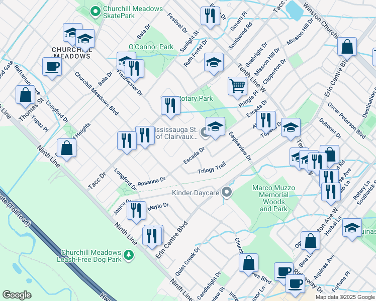 map of restaurants, bars, coffee shops, grocery stores, and more near 5394 Freshwater Drive in Mississauga