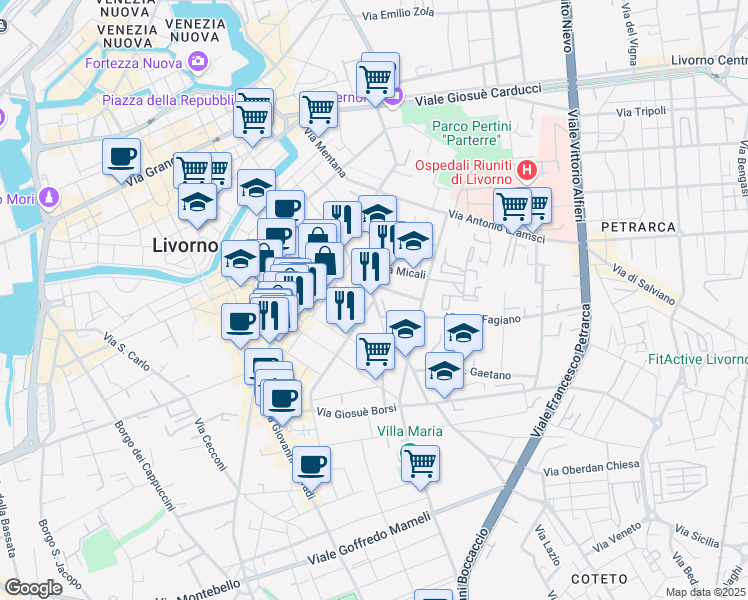 map of restaurants, bars, coffee shops, grocery stores, and more near 5 Via Giuseppe Giusti in Livorno
