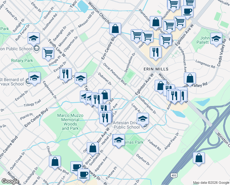 map of restaurants, bars, coffee shops, grocery stores, and more near 3185 Respond Road in Mississauga