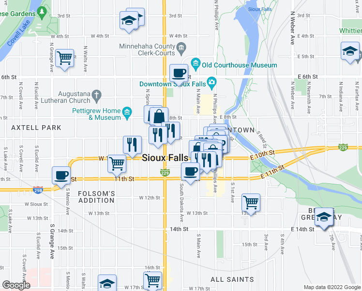 map of restaurants, bars, coffee shops, grocery stores, and more near 115 South Dakota Avenue in Sioux Falls