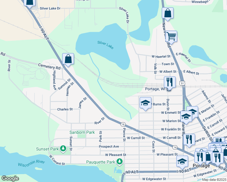 map of restaurants, bars, coffee shops, grocery stores, and more near 1031 West Wisconsin Street in Portage
