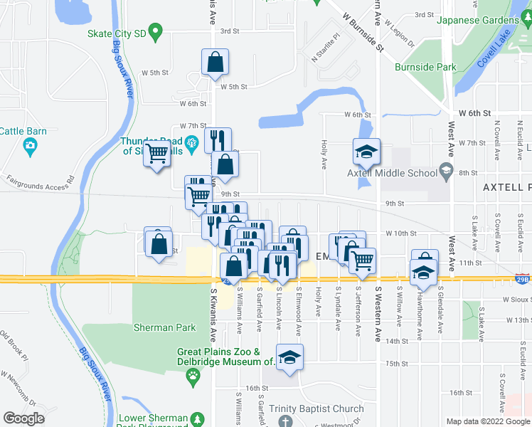 map of restaurants, bars, coffee shops, grocery stores, and more near 123 South Lincoln Avenue in Sioux Falls