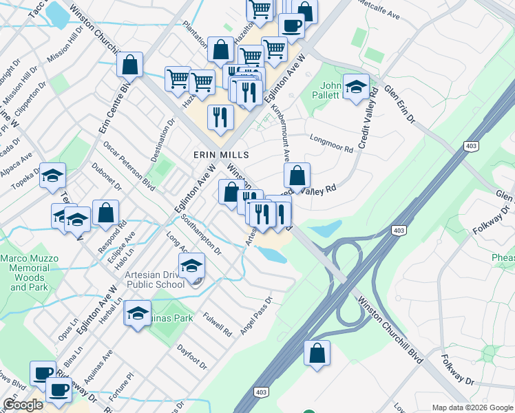 map of restaurants, bars, coffee shops, grocery stores, and more near 3035 Artesian Drive in Mississauga