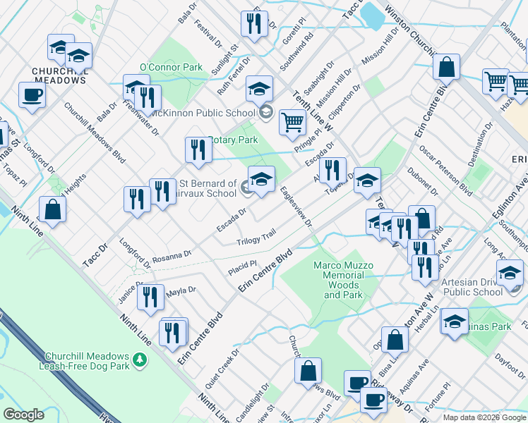 map of restaurants, bars, coffee shops, grocery stores, and more near 3437 Hideaway Place in Mississauga