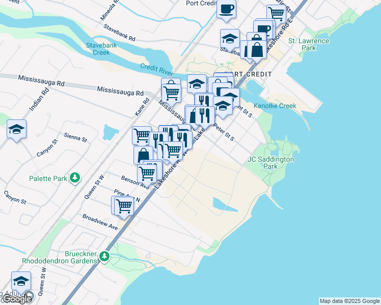 map of restaurants, bars, coffee shops, grocery stores, and more near 215 Lakeshore Road West in Mississauga