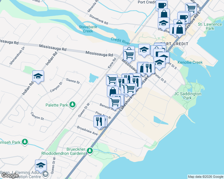 map of restaurants, bars, coffee shops, grocery stores, and more near 250 Lakeshore Road West in Mississauga