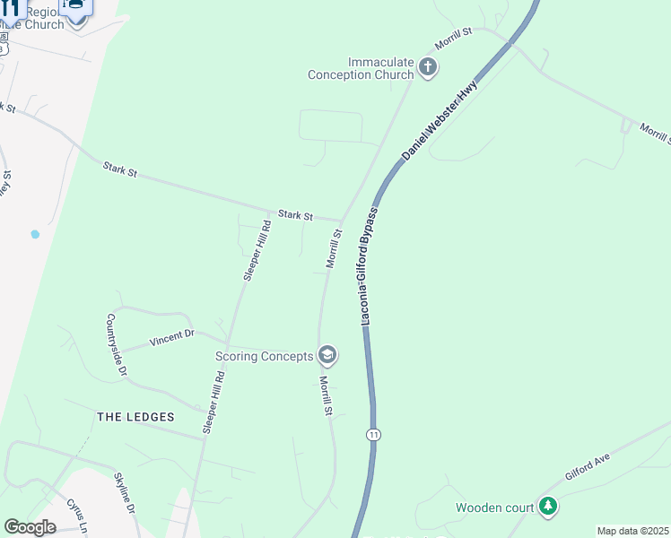 map of restaurants, bars, coffee shops, grocery stores, and more near 401 Morrill Street in Gilford