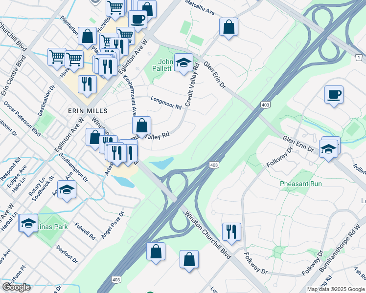 map of restaurants, bars, coffee shops, grocery stores, and more near 2606 Ambercroft Trail in Mississauga