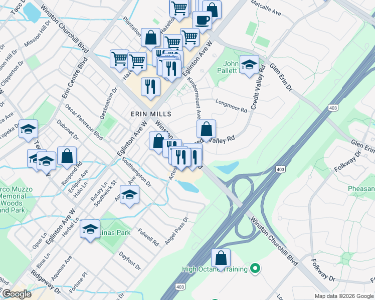 map of restaurants, bars, coffee shops, grocery stores, and more near Winston Churchill Blvd & Artesian Dr in Mississauga