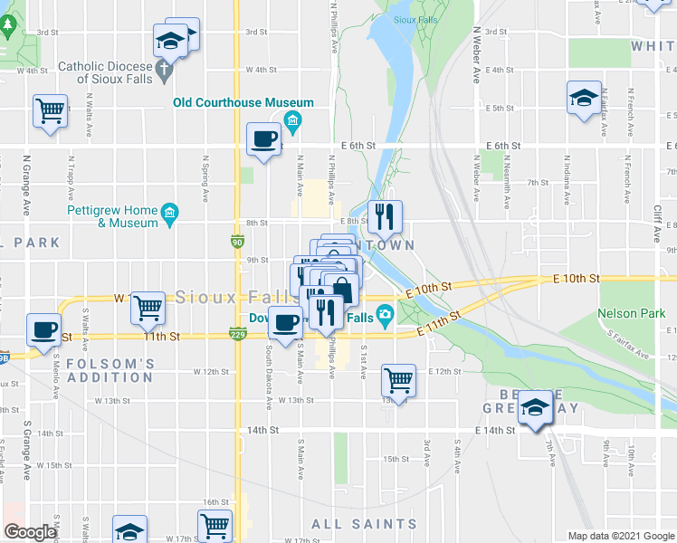 map of restaurants, bars, coffee shops, grocery stores, and more near 110 South Phillips Avenue in Sioux Falls