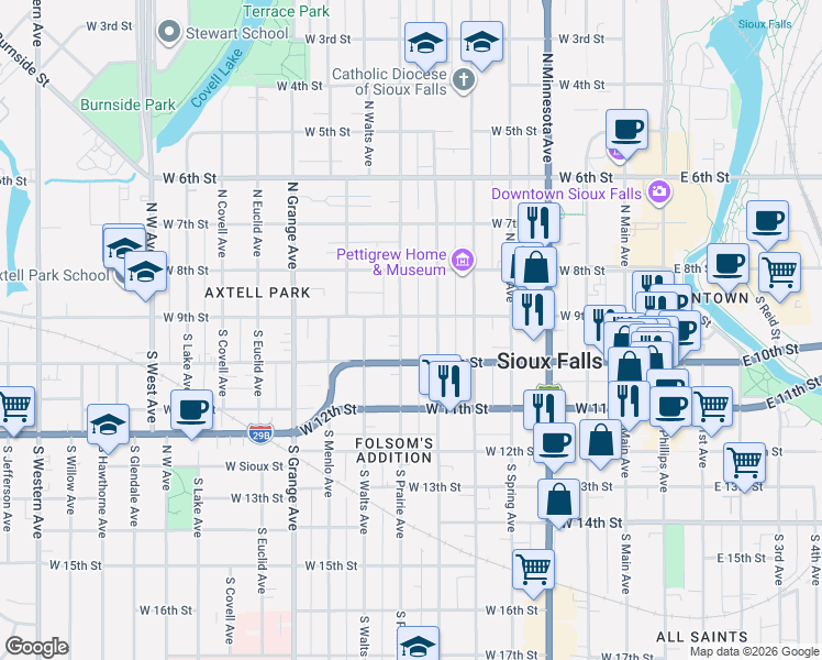 map of restaurants, bars, coffee shops, grocery stores, and more near 106 South Prairie Avenue in Sioux Falls