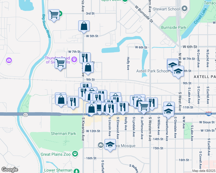 map of restaurants, bars, coffee shops, grocery stores, and more near 123 South Lincoln Avenue in Sioux Falls
