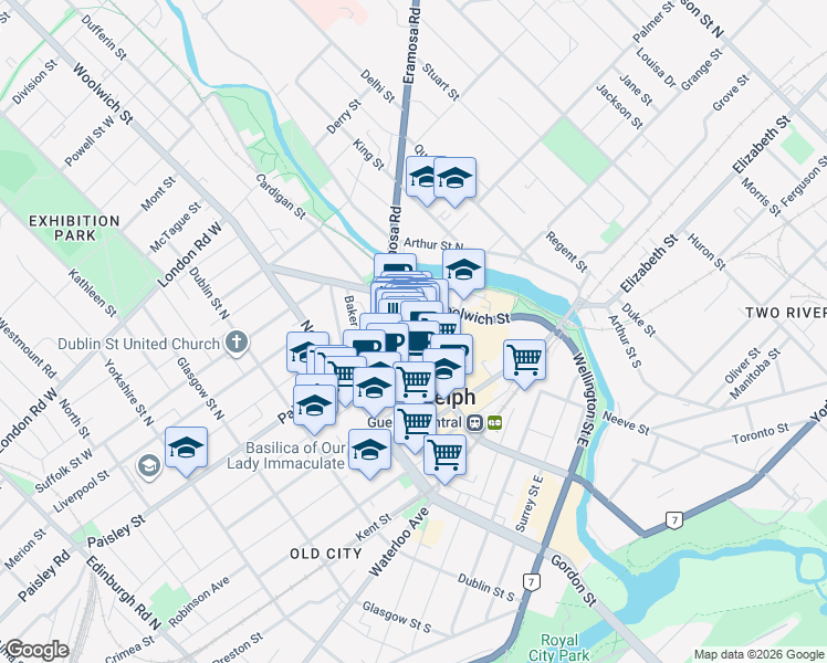 map of restaurants, bars, coffee shops, grocery stores, and more near in Guelph