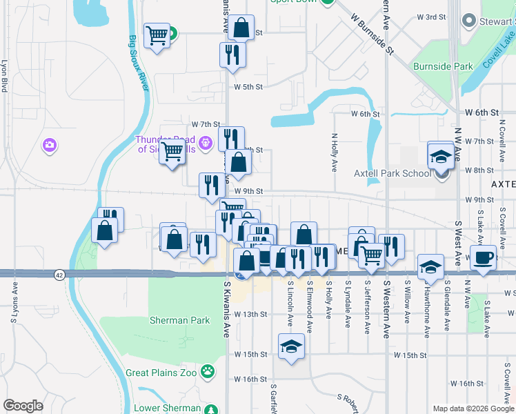 map of restaurants, bars, coffee shops, grocery stores, and more near 2408 West 10th Street in Sioux Falls