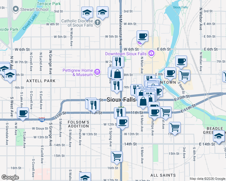 map of restaurants, bars, coffee shops, grocery stores, and more near in Sioux Falls