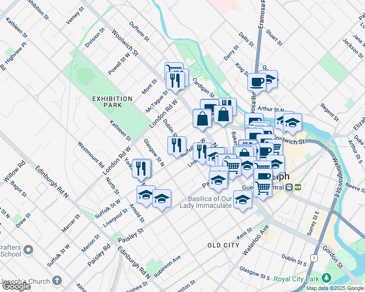 map of restaurants, bars, coffee shops, grocery stores, and more near King Edward Place in Guelph