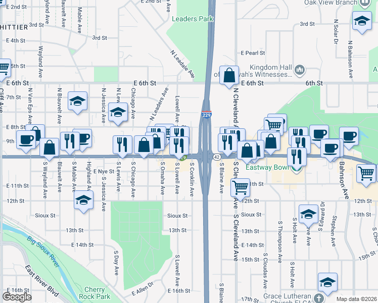 map of restaurants, bars, coffee shops, grocery stores, and more near 2427-2449 East 10th Street in Sioux Falls