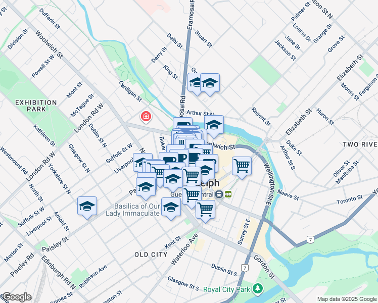 map of restaurants, bars, coffee shops, grocery stores, and more near in Guelph