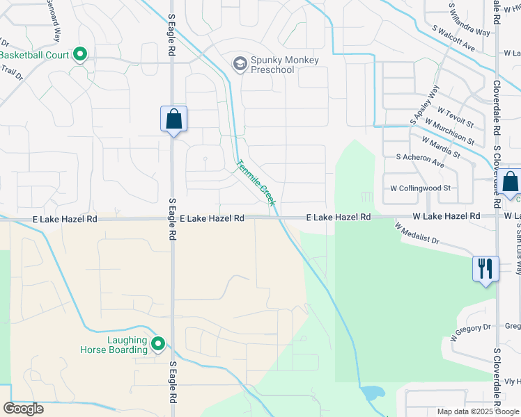 map of restaurants, bars, coffee shops, grocery stores, and more near 3575 West Berghan Street in Meridian