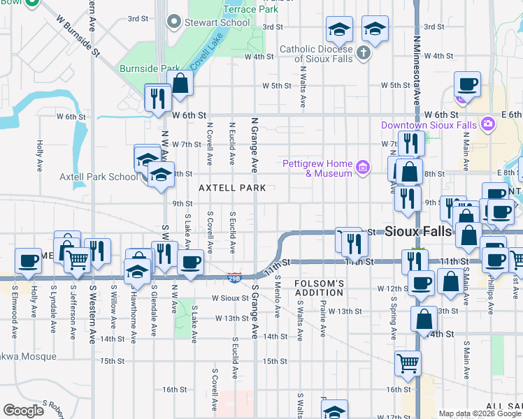 map of restaurants, bars, coffee shops, grocery stores, and more near 122 South Grange Avenue in Sioux Falls