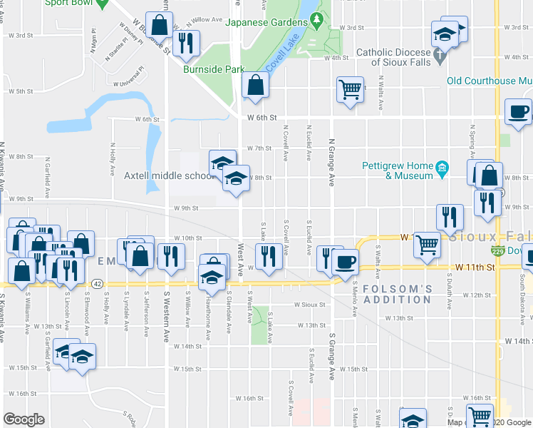 map of restaurants, bars, coffee shops, grocery stores, and more near 115 South Lake Avenue in Sioux Falls