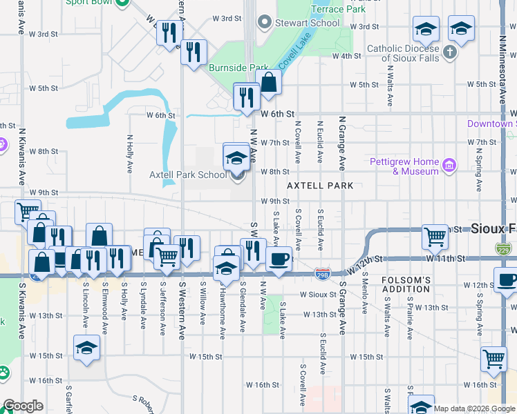 map of restaurants, bars, coffee shops, grocery stores, and more near 115 West Avenue in Sioux Falls