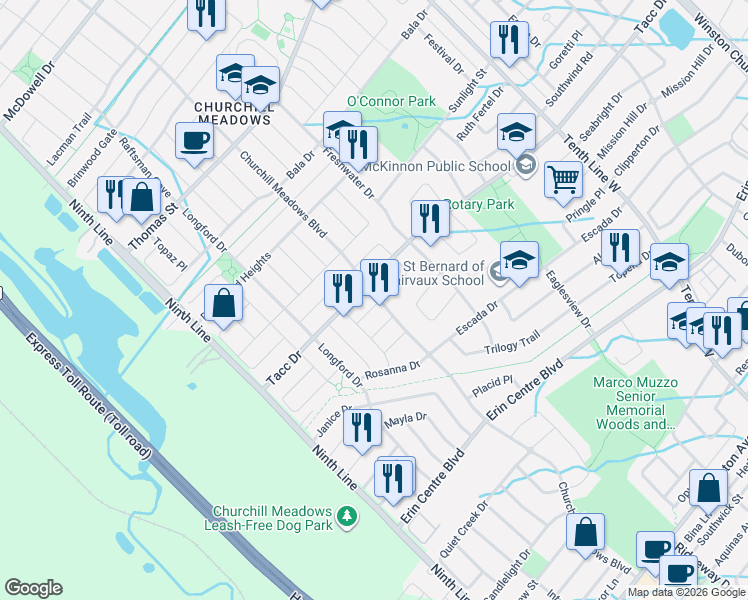 map of restaurants, bars, coffee shops, grocery stores, and more near 3841 Edgecliffe Run in Mississauga