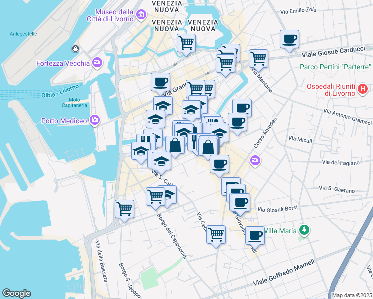 map of restaurants, bars, coffee shops, grocery stores, and more near 36-38 Via Michon in Leghorn