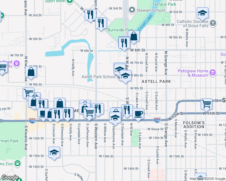 map of restaurants, bars, coffee shops, grocery stores, and more near 1510 West 10th Street in Sioux Falls