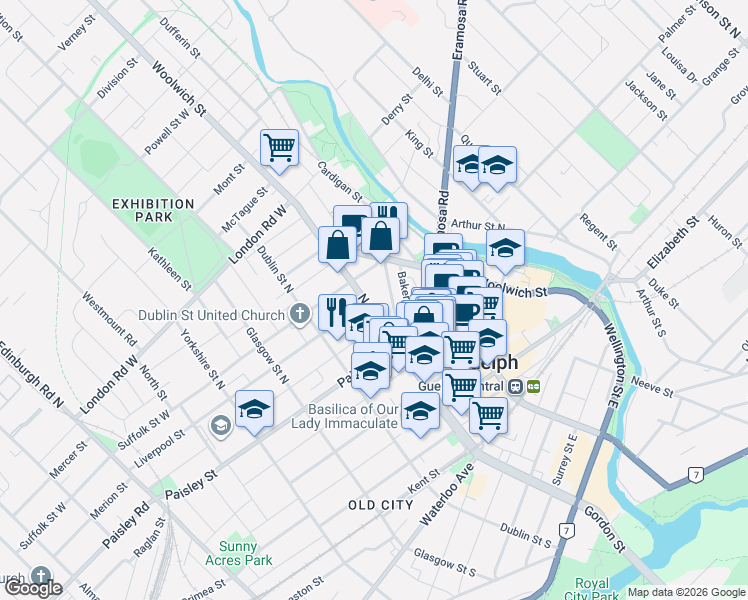 map of restaurants, bars, coffee shops, grocery stores, and more near 143 Norfolk Street in Guelph