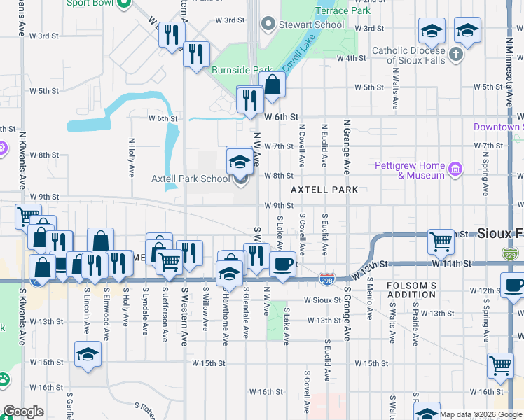 map of restaurants, bars, coffee shops, grocery stores, and more near 115 West Avenue in Sioux Falls